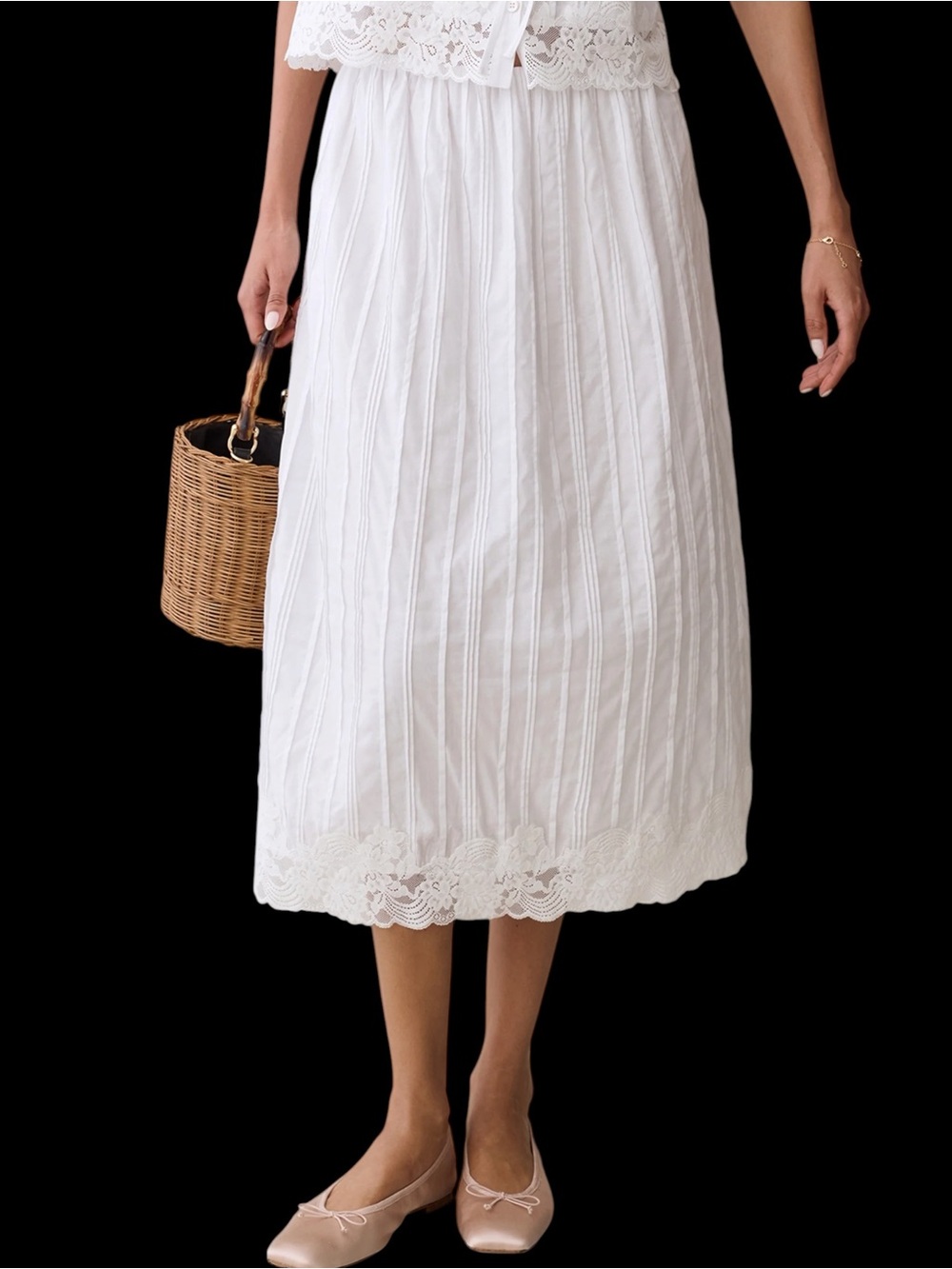 Sorella Few Moda Iza Cotton Skirt White Lace-Trim Midi NWT